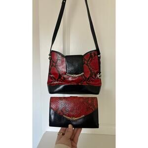 Brighton Vintage Y2K Red Python Embossed Leather Satchel Bag Wallet Set
